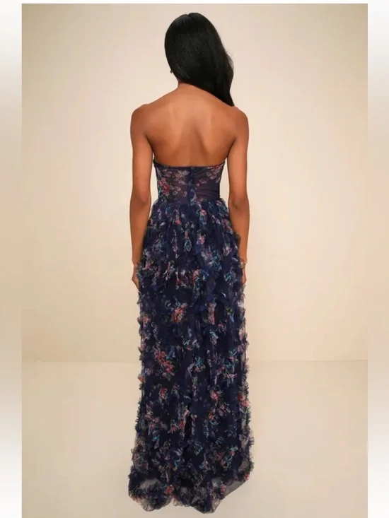 NWT Lulus Stunning Element Navy Floral Mesh Ruffled Strapless Maxi Dress - Picture 2 of 7